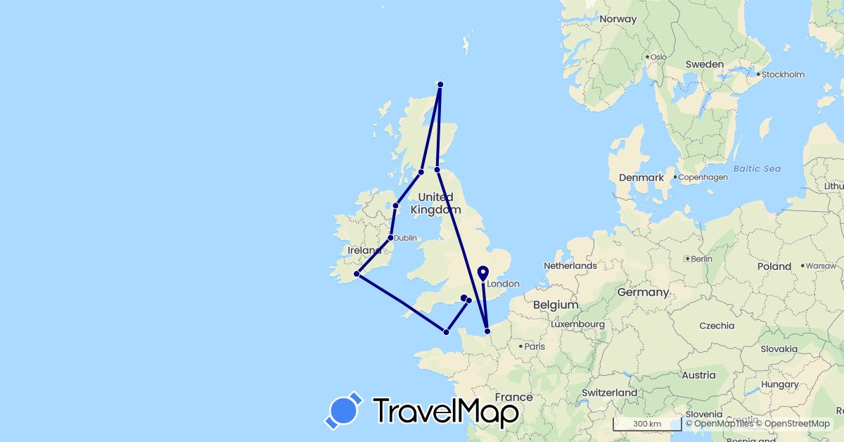 TravelMap itinerary: driving in France, United Kingdom, Guernsey, Ireland (Europe)